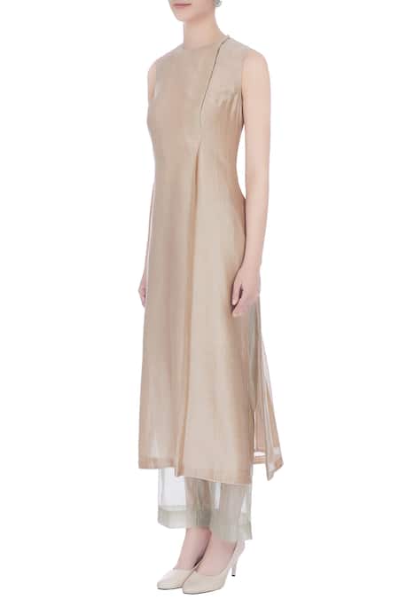 Buy_Urvashi Kaur_Beige Round Chanderi Silk Tunic _Online_at_Aza_Fashions
