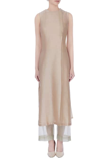 Shop_Urvashi Kaur_Beige Round Chanderi Silk Tunic _Online_at_Aza_Fashions