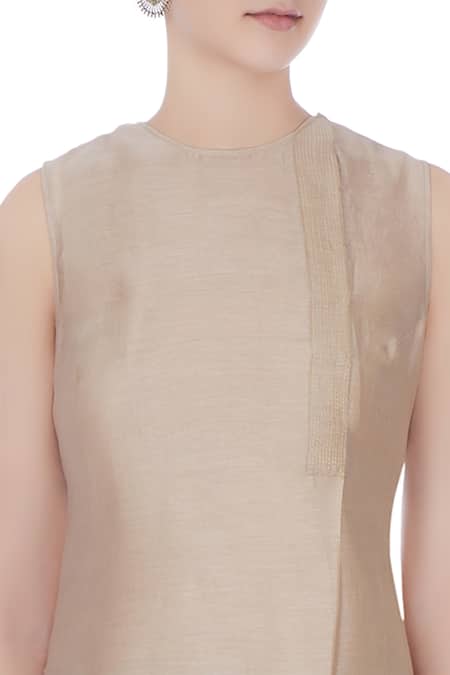 Urvashi Kaur_Beige Round Chanderi Silk Tunic _at_Aza_Fashions