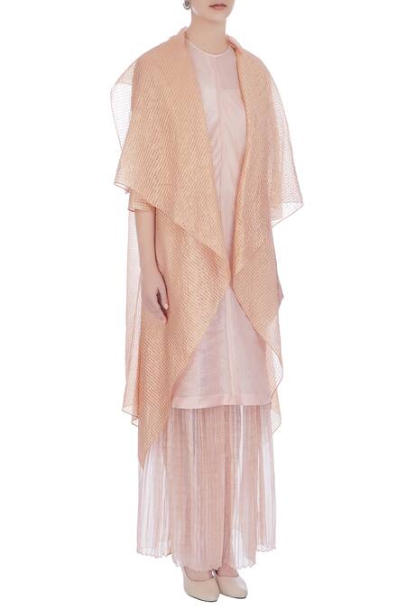 Urvashi Kaur_Peach Silk Zari Open Neck Woven Flap Collar Long Jacket _Online_at_Aza_Fashions