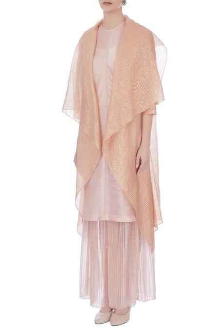 Buy_Urvashi Kaur_Peach Silk Zari Open Neck Woven Flap Collar Long Jacket _Online_at_Aza_Fashions