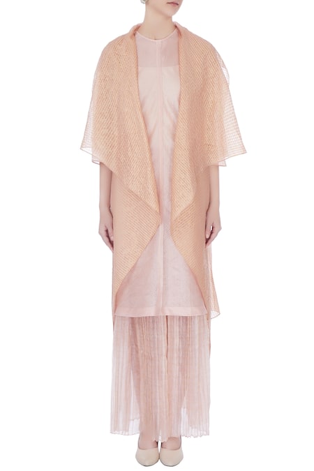 Shop_Urvashi Kaur_Peach Silk Zari Open Neck Woven Flap Collar Long Jacket _Online_at_Aza_Fashions