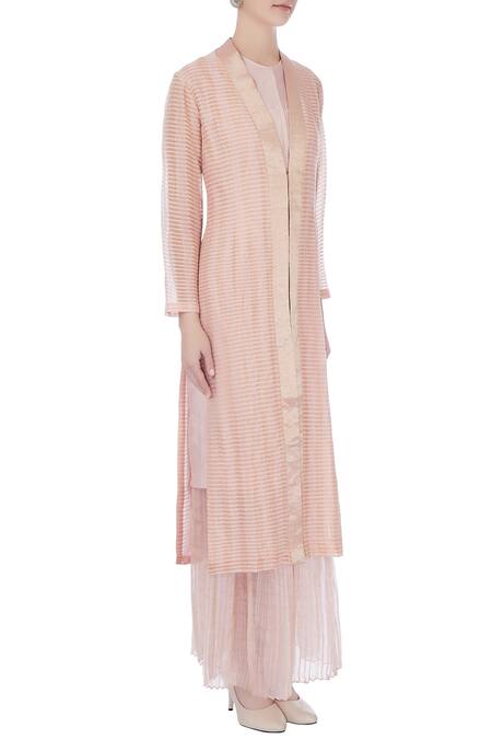 Urvashi Kaur_Peach Silk Zari V-neck Sheer Woven Front Open Long Jacket _Online_at_Aza_Fashions