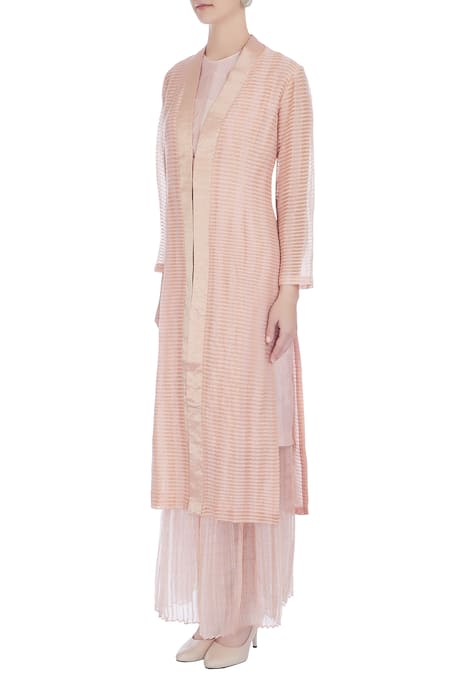 Buy_Urvashi Kaur_Peach Silk Zari V-neck Sheer Woven Front Open Long Jacket _Online_at_Aza_Fashions