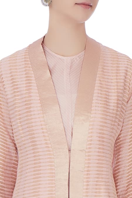 Urvashi Kaur_Peach Silk Zari V-neck Sheer Woven Front Open Long Jacket _at_Aza_Fashions