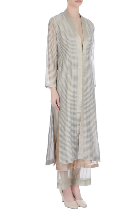 Urvashi Kaur_Blue Silk Zari V-neck Sheer Woven Front Open Long Jacket _Online_at_Aza_Fashions