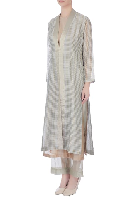 Buy_Urvashi Kaur_Blue Silk Zari V-neck Sheer Woven Front Open Long Jacket _Online_at_Aza_Fashions