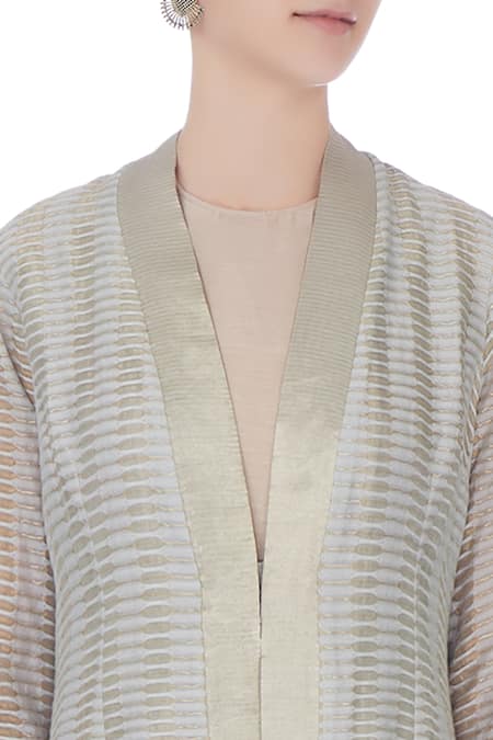 Urvashi Kaur_Blue Silk Zari V-neck Sheer Woven Front Open Long Jacket _at_Aza_Fashions