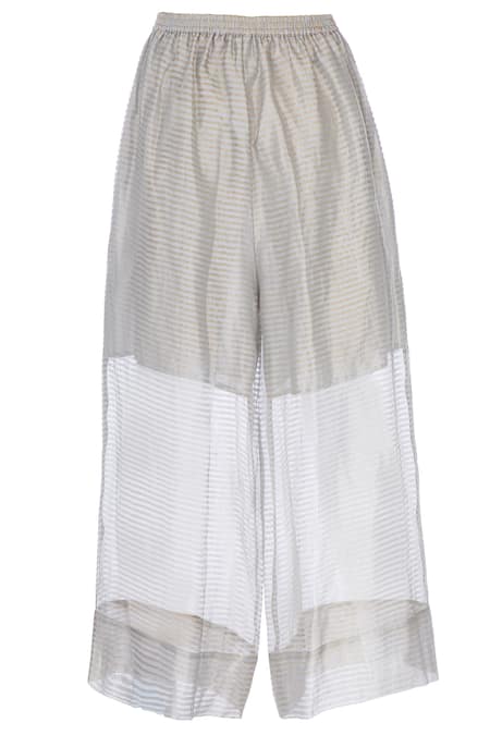 Urvashi Kaur_Off White Tissue Silk Sheer Panel Striped Pant _Online_at_Aza_Fashions