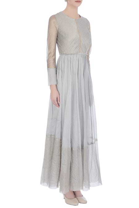 Urvashi Kaur_Sky Blue Chanderi , Round Neck Striped Pleated Flare Anarkali _Online_at_Aza_Fashions