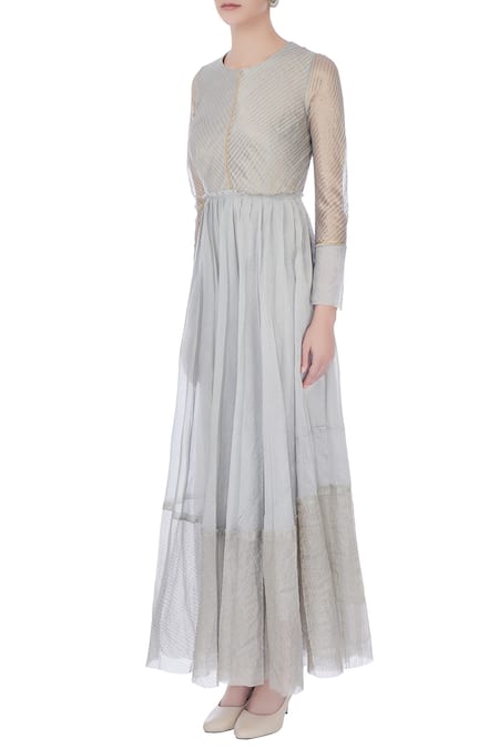 Buy_Urvashi Kaur_Sky Blue Chanderi , Round Neck Striped Pleated Flare Anarkali _Online_at_Aza_Fashions