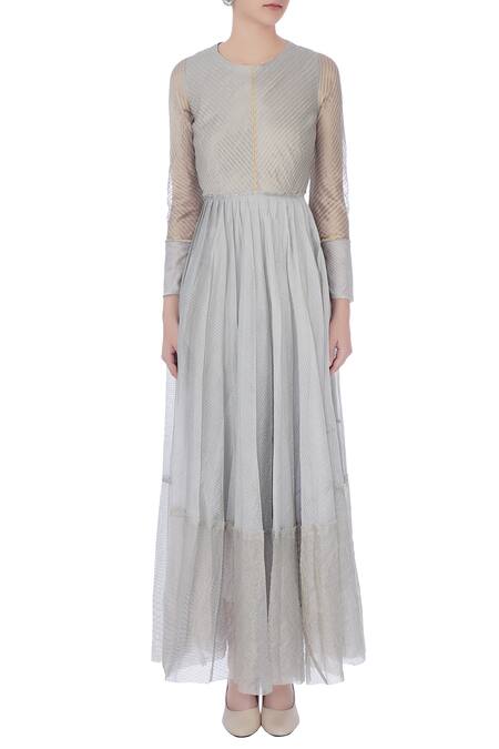 Shop_Urvashi Kaur_Sky Blue Chanderi , Round Neck Striped Pleated Flare Anarkali _Online_at_Aza_Fashions