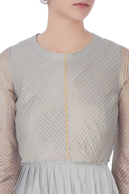 Urvashi Kaur_Sky Blue Chanderi , Round Neck Striped Pleated Flare Anarkali _at_Aza_Fashions