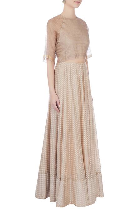 Urvashi Kaur_Beige Silk Zari Round Neck Checkered Crop Top _Online_at_Aza_Fashions