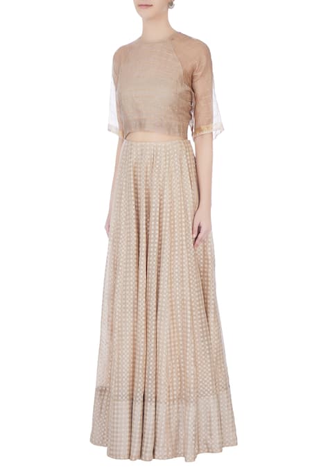 Buy_Urvashi Kaur_Beige Silk Zari Round Neck Checkered Crop Top _Online_at_Aza_Fashions