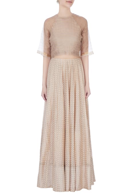 Shop_Urvashi Kaur_Beige Silk Zari Round Neck Checkered Crop Top _Online_at_Aza_Fashions