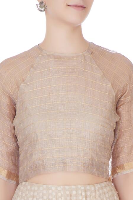 Urvashi Kaur_Beige Silk Zari Round Neck Checkered Crop Top _at_Aza_Fashions