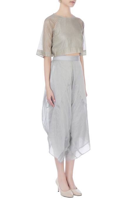 Urvashi Kaur_Blue Kota Doria Zari Round Neck Silk Striped Crop Top _Online_at_Aza_Fashions