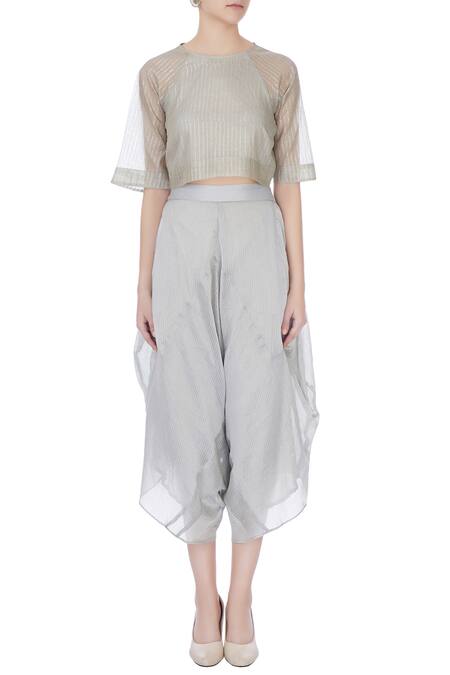 Shop_Urvashi Kaur_Blue Kota Doria Zari Round Neck Silk Striped Crop Top _Online_at_Aza_Fashions