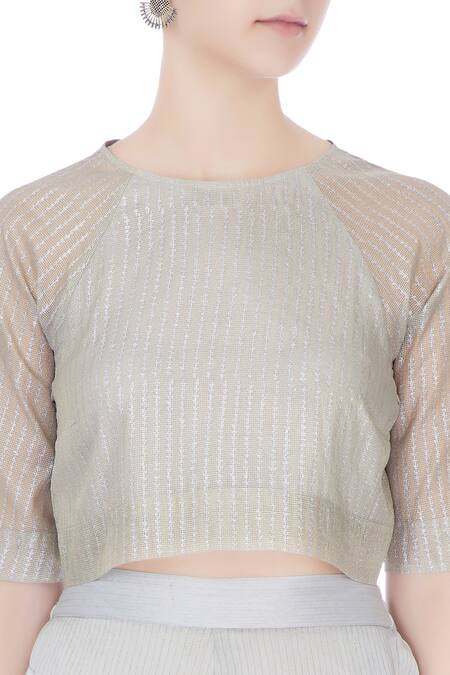 Urvashi Kaur_Blue Kota Doria Zari Round Neck Silk Striped Crop Top _at_Aza_Fashions