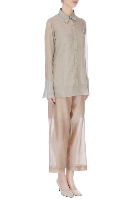 Urvashi Kaur_Gray Tissue Collared Silk Sheer Full Sleeve Shirt _Online_at_Aza_Fashions