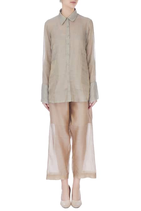 Shop_Urvashi Kaur_Gray Tissue Collared Silk Sheer Full Sleeve Shirt _Online_at_Aza_Fashions