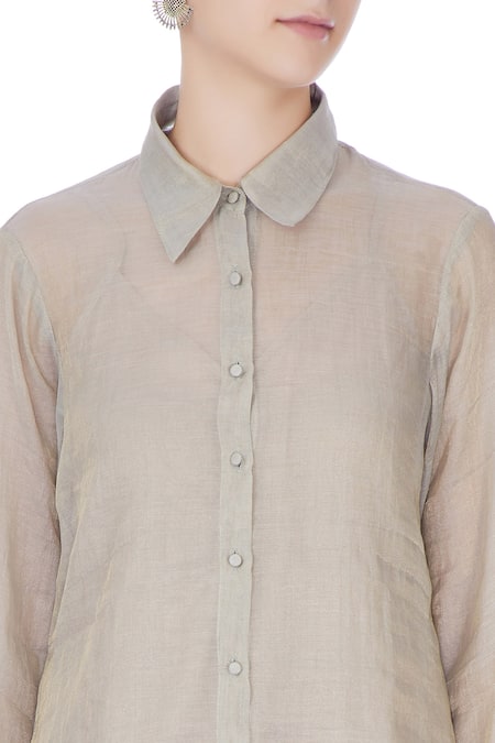 Urvashi Kaur_Gray Tissue Collared Silk Sheer Full Sleeve Shirt _at_Aza_Fashions
