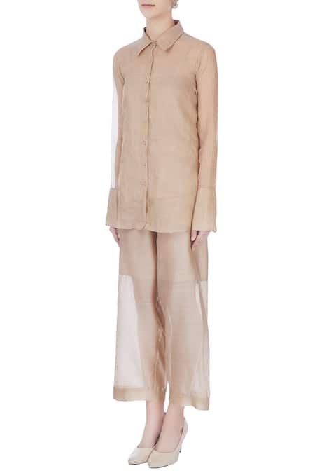 Buy_Urvashi Kaur_Beige Tissue Collared Silk Sheer Full Sleeve Shirt _Online_at_Aza_Fashions