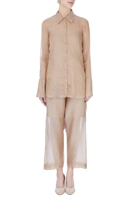 Shop_Urvashi Kaur_Beige Tissue Collared Silk Sheer Full Sleeve Shirt _Online_at_Aza_Fashions