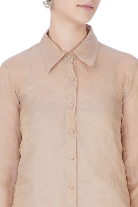 Urvashi Kaur_Beige Tissue Collared Silk Sheer Full Sleeve Shirt _at_Aza_Fashions