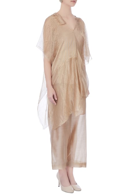 Urvashi Kaur_Beige Chanderi Silk Zari V-neck Stripes Asymmetric Top _Online_at_Aza_Fashions