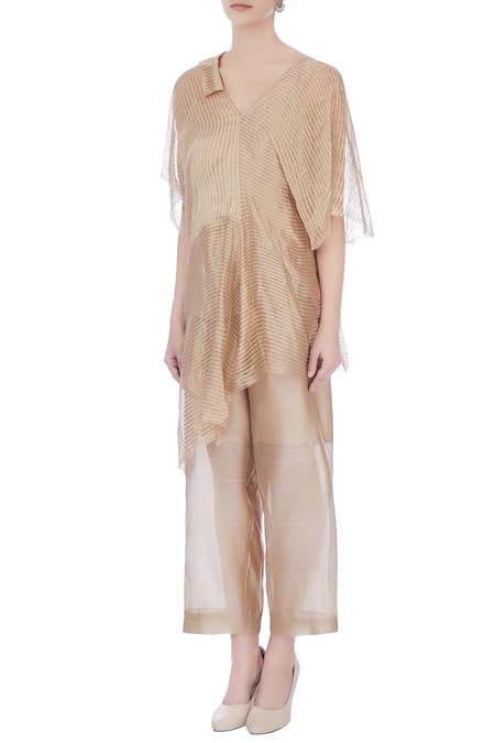 Buy_Urvashi Kaur_Beige Chanderi Silk Zari V-neck Stripes Asymmetric Top _Online_at_Aza_Fashions