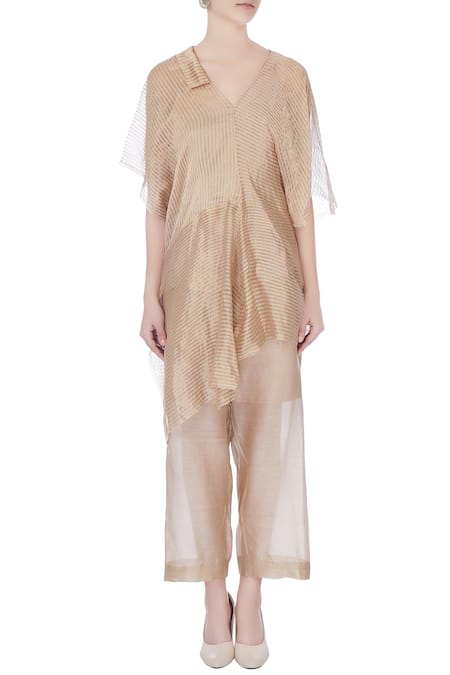 Shop_Urvashi Kaur_Beige Chanderi Silk Zari V-neck Stripes Asymmetric Top _Online_at_Aza_Fashions