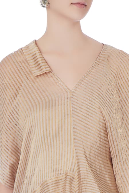 Urvashi Kaur_Beige Chanderi Silk Zari V-neck Stripes Asymmetric Top _at_Aza_Fashions