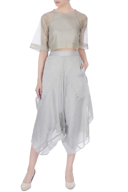Urvashi Kaur Blue Chanderi Silk Cropped Pants  