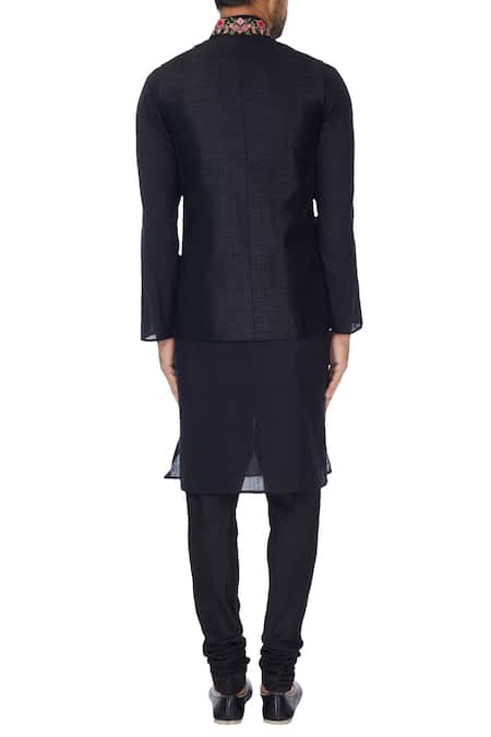 Shop_SOL by Piyush Dedhia_Black Art Cotton Silk Embroidered Resham Bundi Jacket  _at_Aza_Fashions