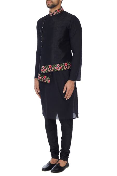 Buy_SOL by Piyush Dedhia_Black Art Cotton Silk Embroidered Resham Bundi Jacket  _Online_at_Aza_Fashions