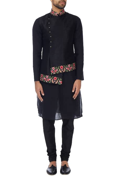 Shop_SOL by Piyush Dedhia_Black Art Cotton Silk Embroidered Resham Bundi Jacket  _Online_at_Aza_Fashions