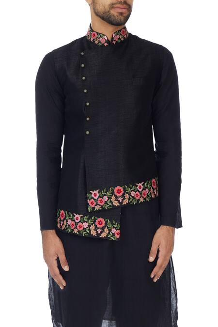SOL by Piyush Dedhia_Black Art Cotton Silk Embroidered Resham Bundi Jacket  _at_Aza_Fashions