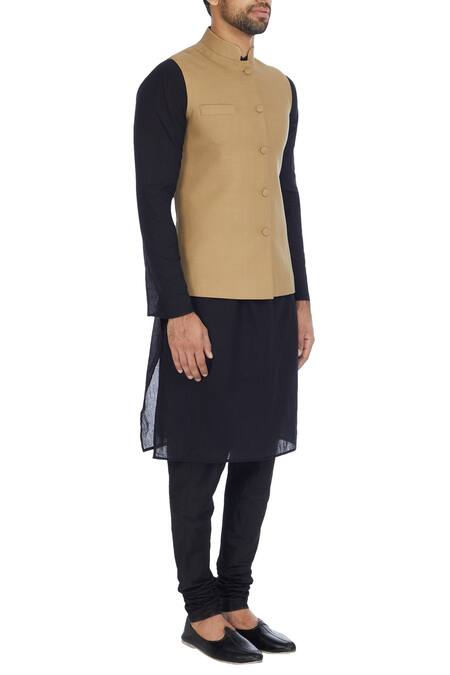 Sol By Piyush Dedhia_Beige Matty Solid Bundi Jacket _Online_at_Aza_Fashions