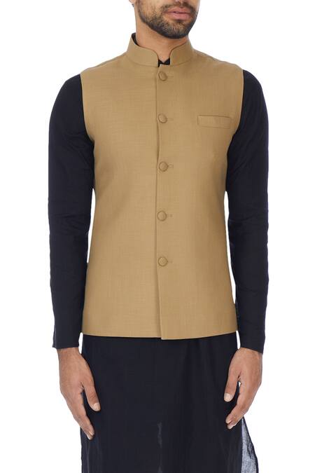 Sol By Piyush Dedhia_Beige Matty Solid Bundi Jacket _at_Aza_Fashions