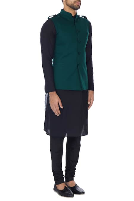 Sol By Piyush Dedhia_Green Poly-knit Button Down Front Nehru Jacket _Online_at_Aza_Fashions