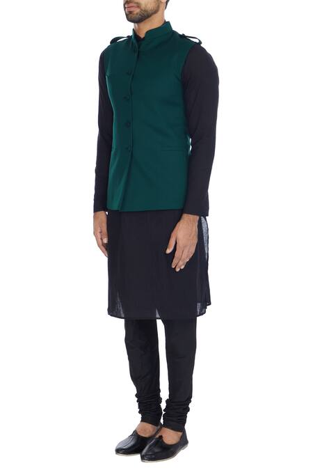 Buy_Sol By Piyush Dedhia_Green Poly-knit Button Down Front Nehru Jacket _Online_at_Aza_Fashions