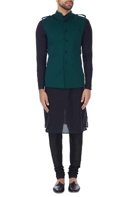 Shop_Sol By Piyush Dedhia_Green Poly-knit Button Down Front Nehru Jacket _Online_at_Aza_Fashions