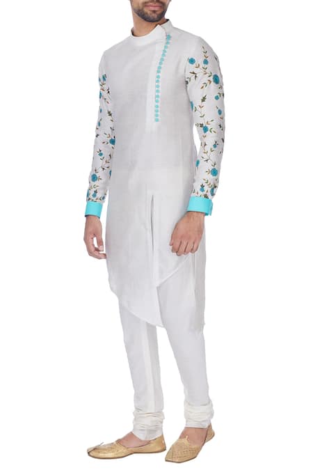 SOL by Piyush Dedhia White Art Cotton Embroidered Floral Motifs Kurta And Churidar  