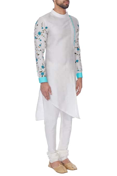 Sol By Piyush Dedhia_White Art Cotton Embroidered Floral Motifs Kurta And Churidar  _Online_at_Aza_Fashions