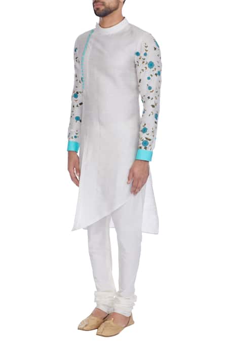 Buy_Sol By Piyush Dedhia_White Art Cotton Embroidered Floral Motifs Kurta And Churidar  _Online_at_Aza_Fashions