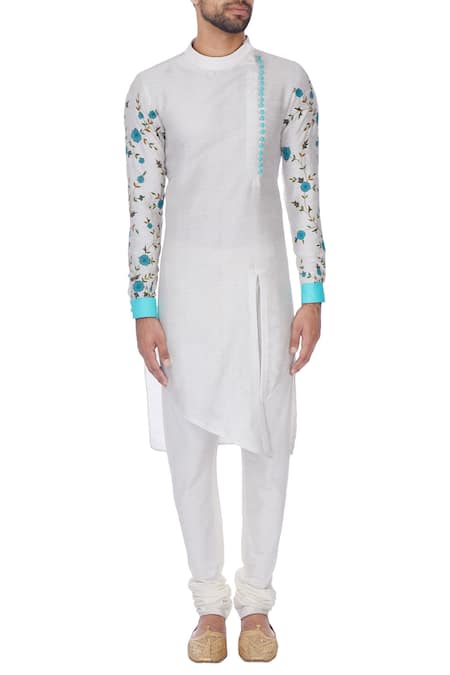 Shop_Sol By Piyush Dedhia_White Art Cotton Embroidered Floral Motifs Kurta And Churidar  _Online_at_Aza_Fashions
