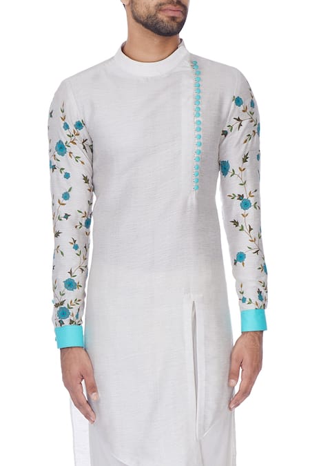 Sol By Piyush Dedhia_White Art Cotton Embroidered Floral Motifs Kurta And Churidar  _at_Aza_Fashions
