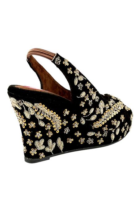 Veruschka By Payal Kothari_Brown Embellished Velvet Criss-cross Wedges_Online_at_Aza_Fashions